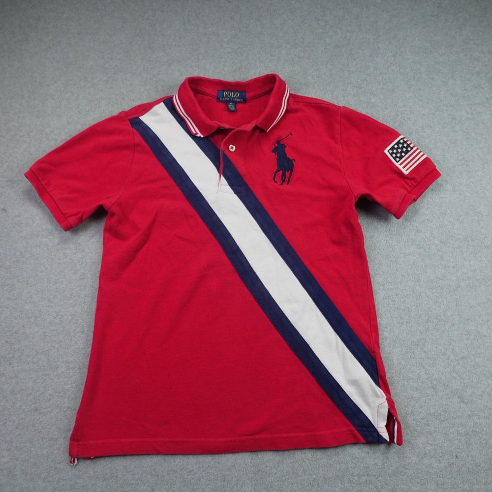 Polo Ralph Lauren Shirt Boys M 10-12 Red Stripe Big Pony Polo USA Flag